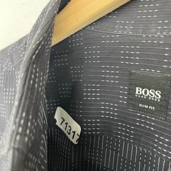 HUGO BOSS Shirt M Ronny Check Textured Slim Fit Long Sleeve Cotton Black - Picture 15 of 15